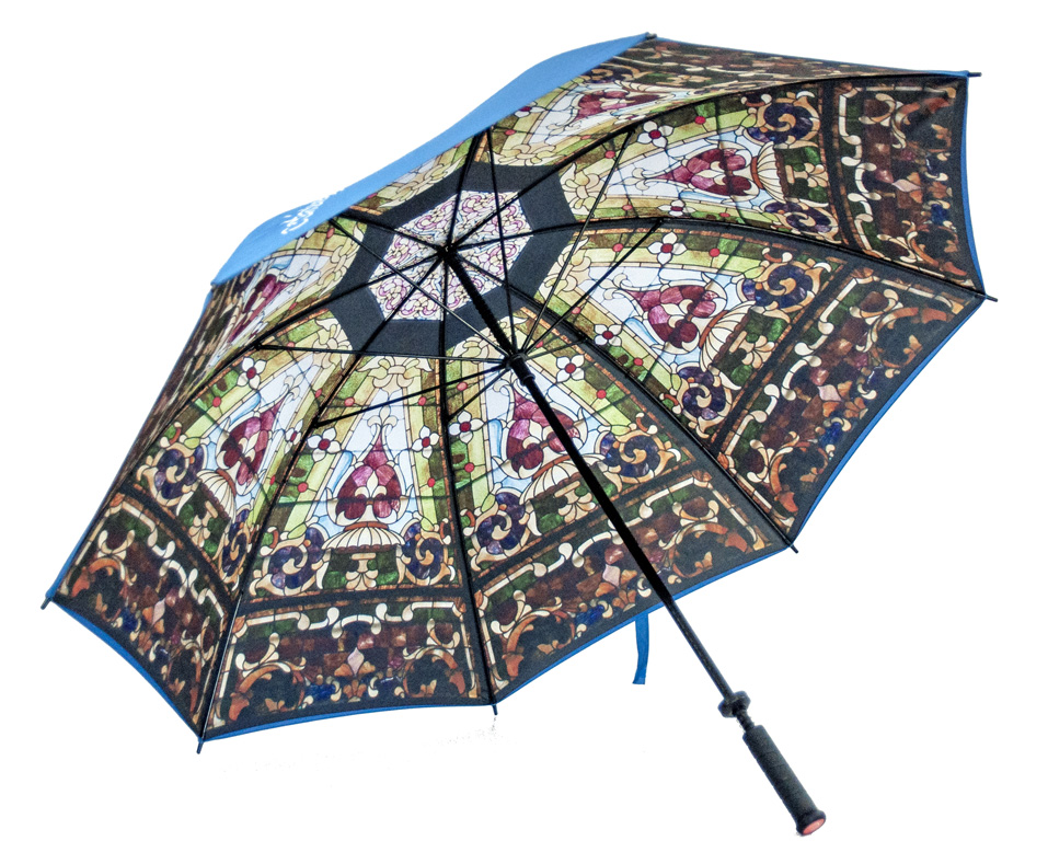 Stained glass window print on golf umbrella