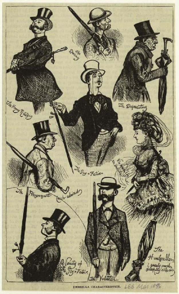 19th century cartoon depicting various umbrellas