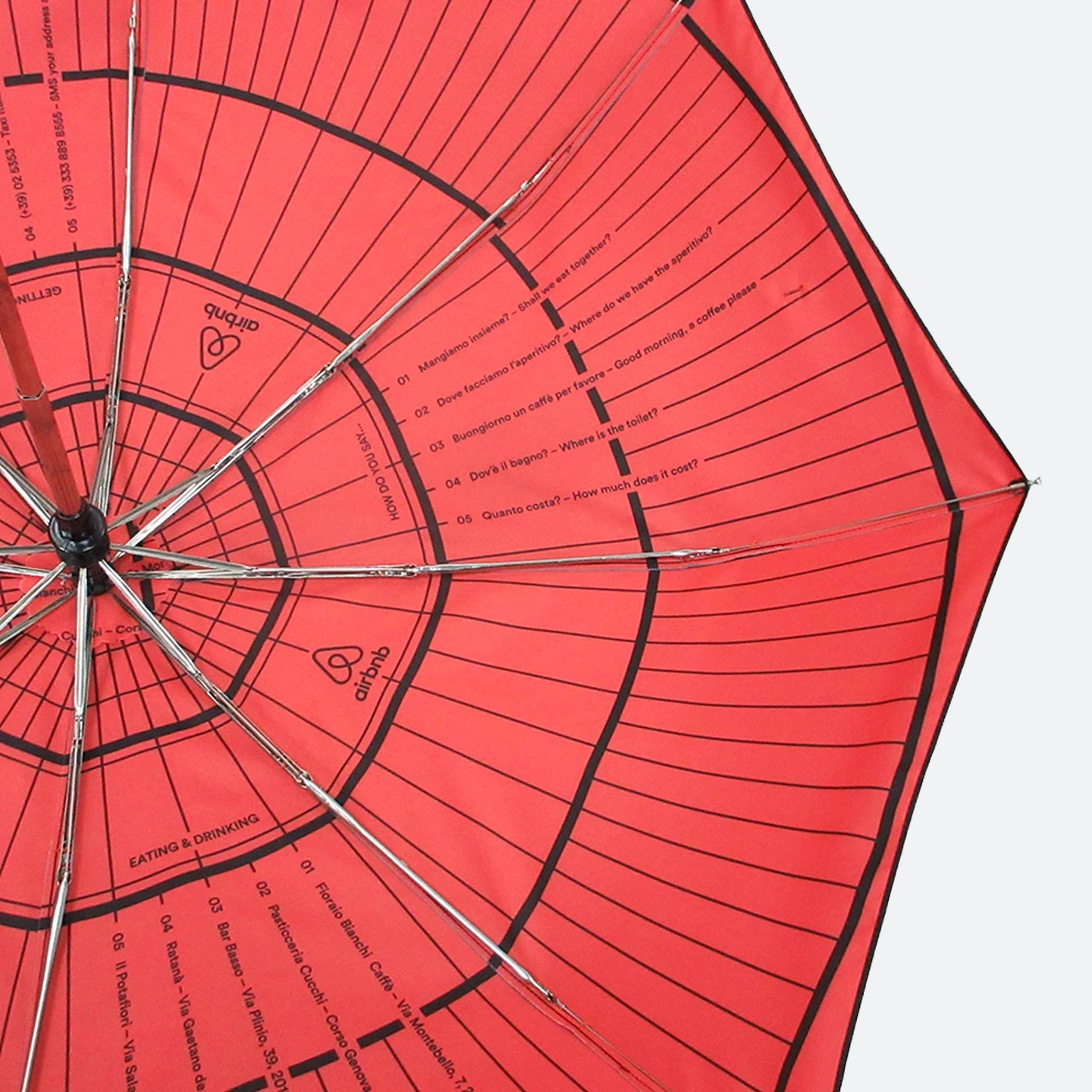 Close up image of inner umbrella canopy. Red with black line graphic