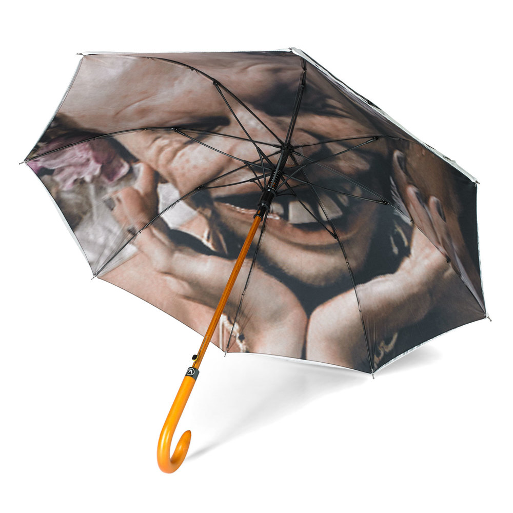 Customised underside digital print smiling person promotional umbrella