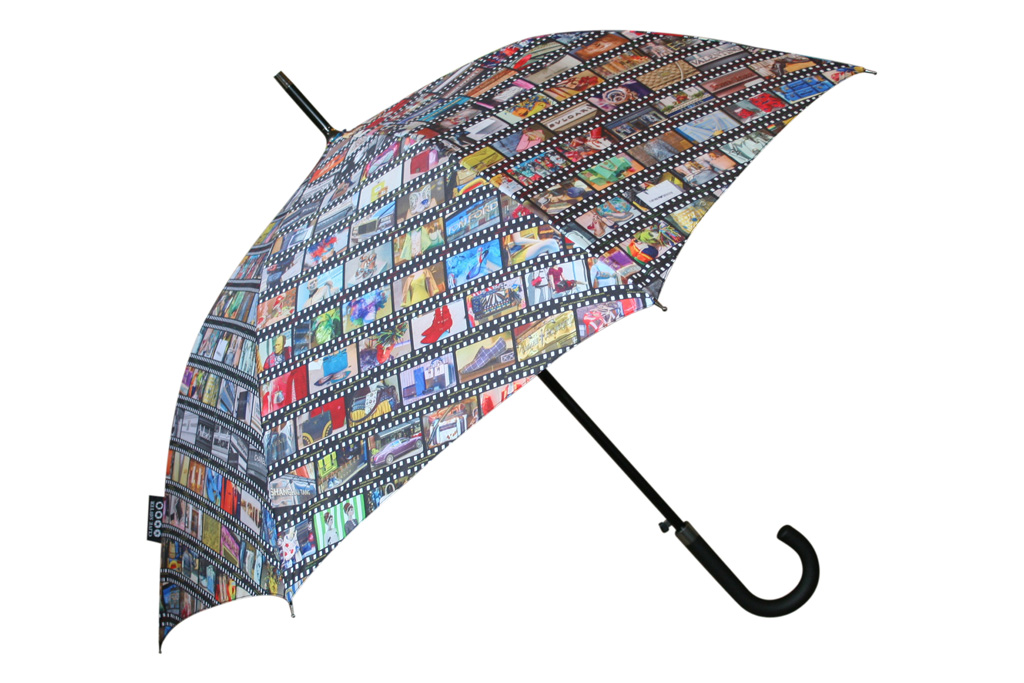 digital photo imagery with branded label on custom umbrella