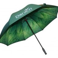 green canopy with digitally printed leaf image on underside of branded umbrella