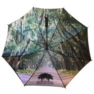 digitally printed tree arch on underside of branded umbrella