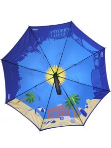 Cartoon beach scene on inside of customised umbrella