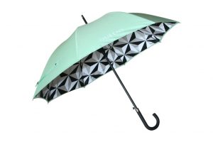 luxury branded umbrellas Mint green and white branded logo with underside geometric print promotional umbrella