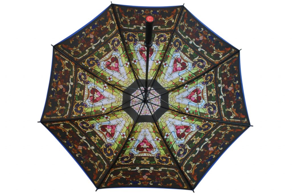 Stain glass window internal photo print on double canopy golf umbrella