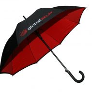 luxury black branded umbrella with red underside and leather handle