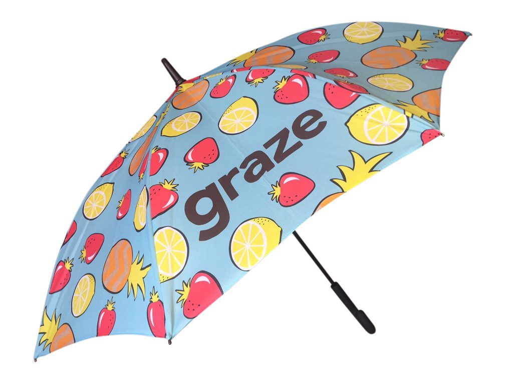 colourful fruit graphic print on customised umbrella