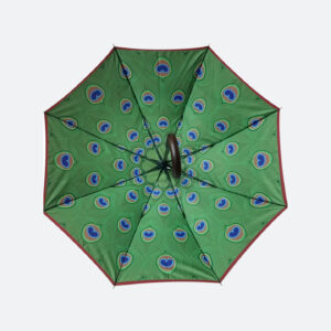 Inner umbrella view of a green peacock feather pattern
