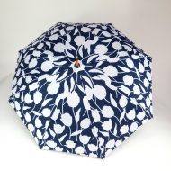 navy and white floral graphic on wood walker umbrella