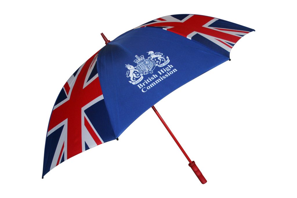Union jack print with contrast logo on branded golf umbrella
