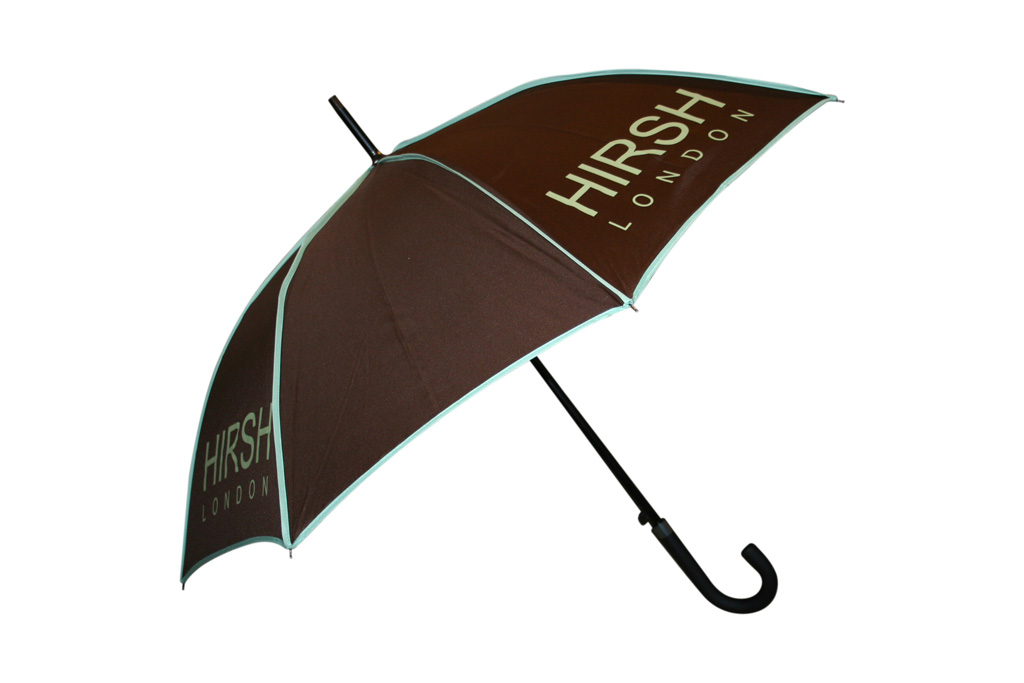 brown with teal contrast piping and logo detail on promtional umbrella