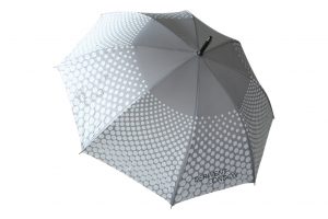 grey with white spot graphics and printed logo on branded umbrella