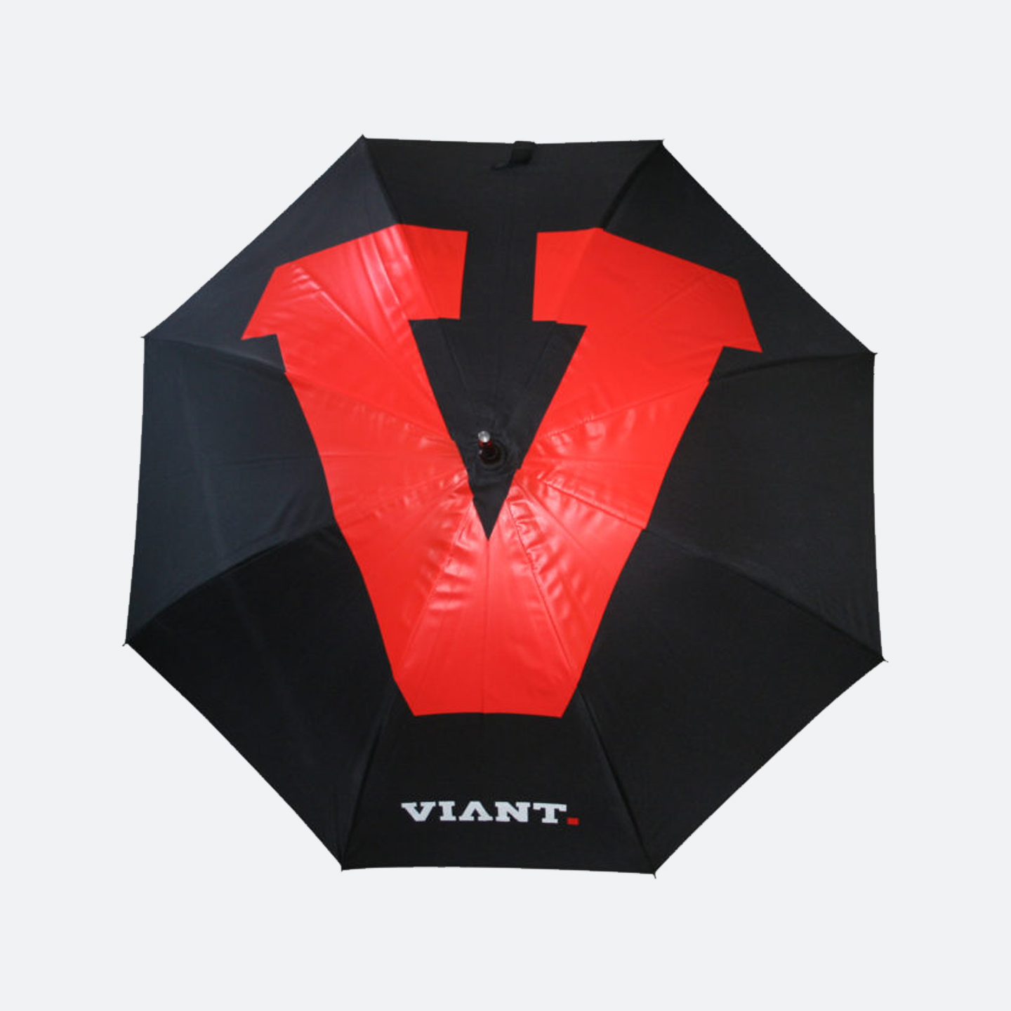 Outer view of black umbrella with bright red V logo