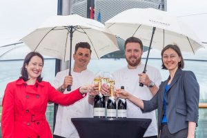 Four people holding two umbrellas