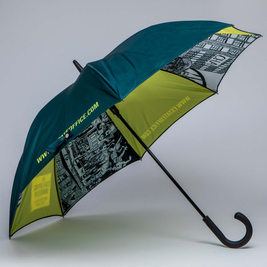 UK manufactured corporateumbrella with illustration on the inside canopy