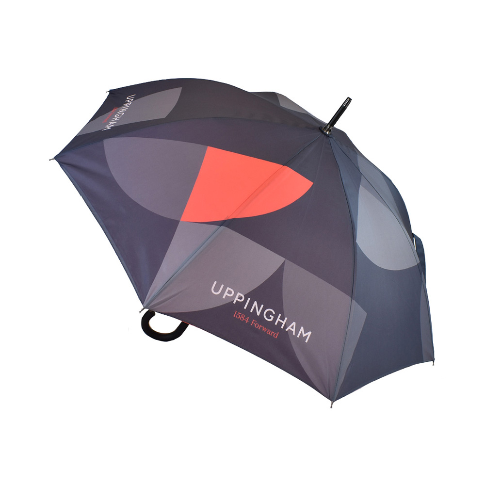 uppingham school logo print over external panels of umbrella