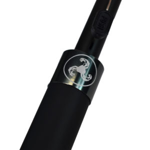 RPET umbrella with black pole and shiny handle ring with engraved logo of biceps