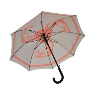 Inside of RPET umbrella in grey with orange print of biceps show through from outside. Black pole and crook handle
