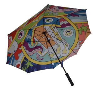 side view of open golf umbrella with straight handle and bright digital print across all 8 panels of the umbrella
