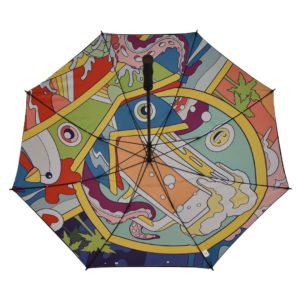 bold graphic print on open inside of golf umbrella