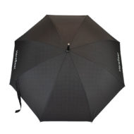 top down view of umbrella black with two logos on opposite side panels