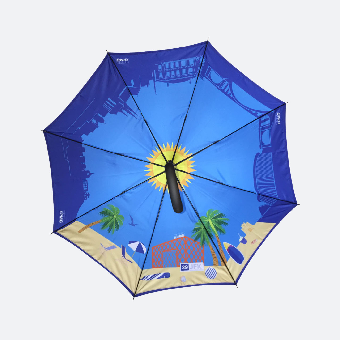 Inside view of beach print design umbrella