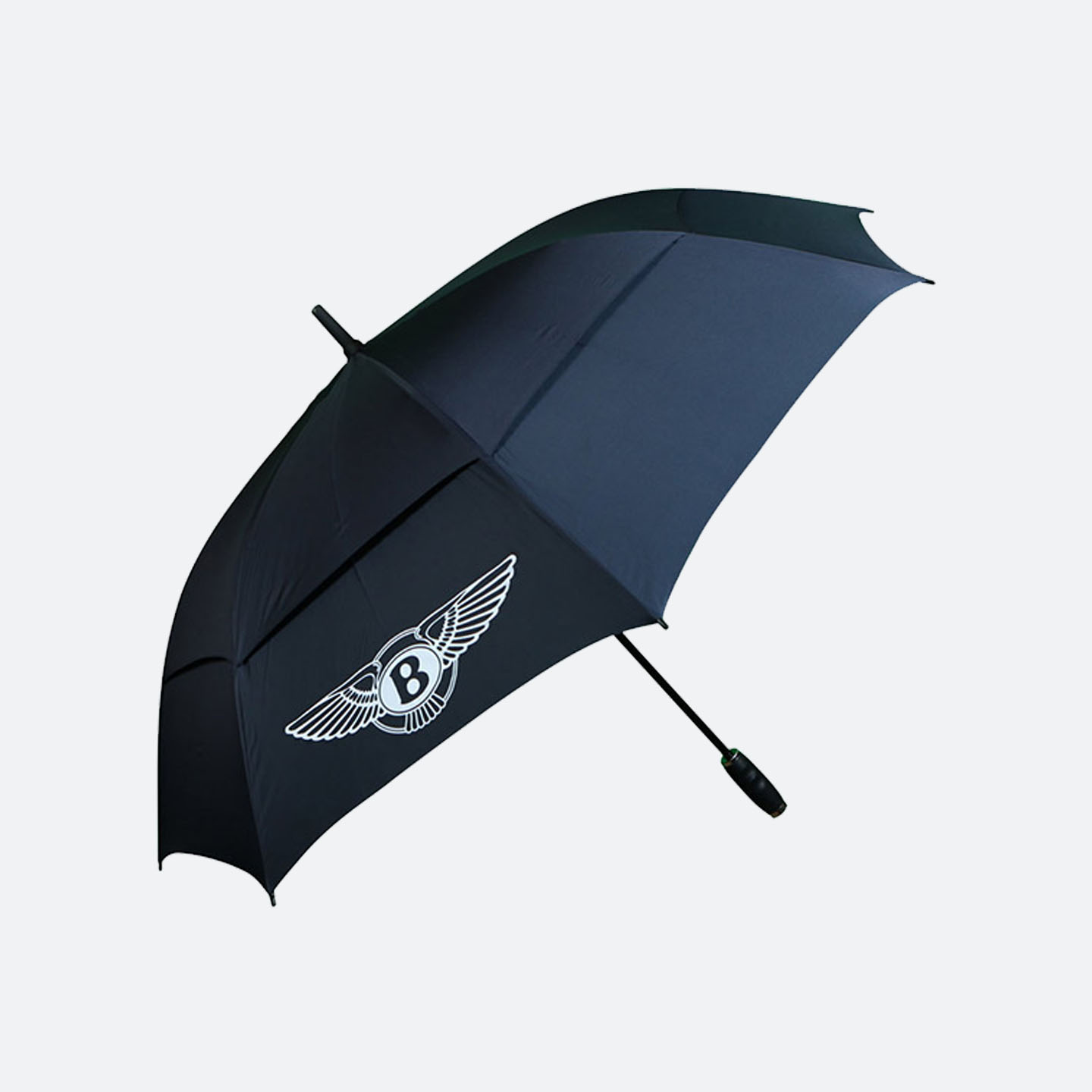 Black vented umbrella with white Bentley logo