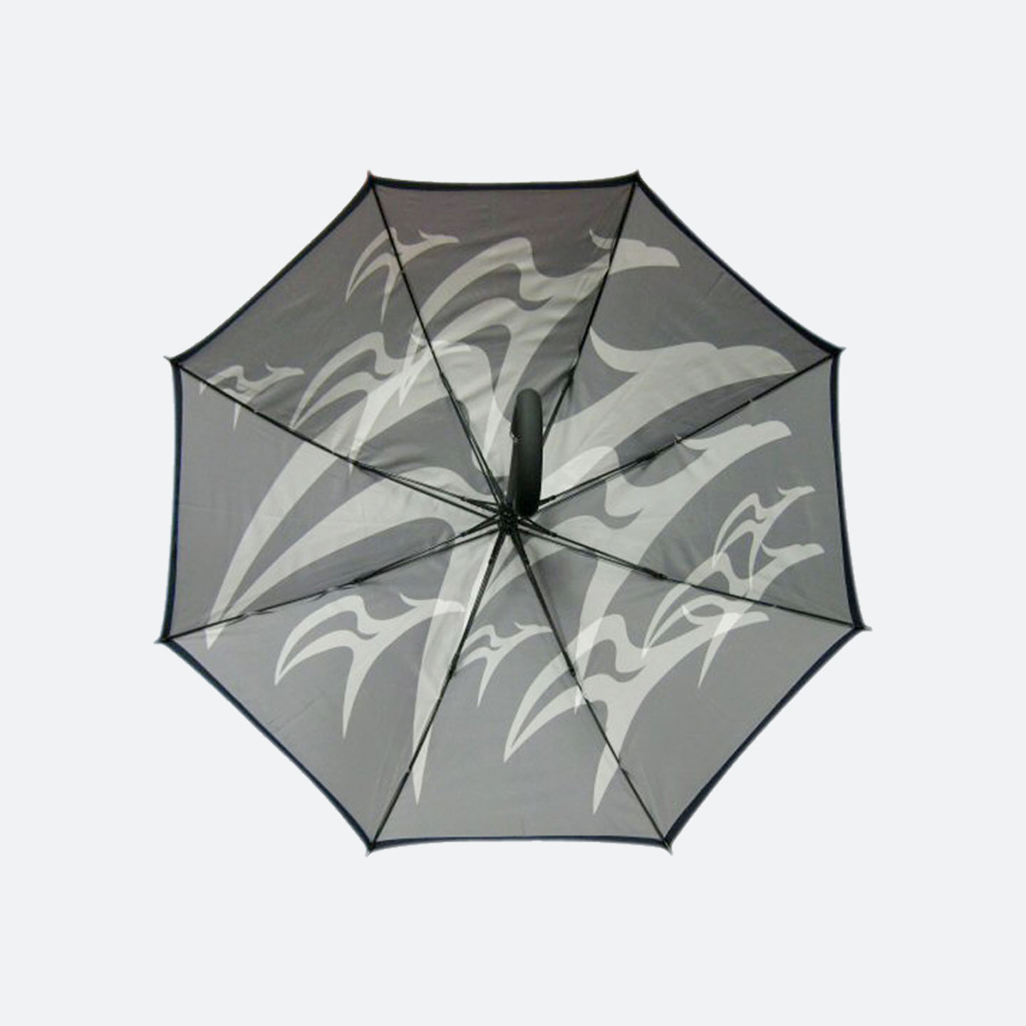 Inner view of grey abstract print on inside of umbrella