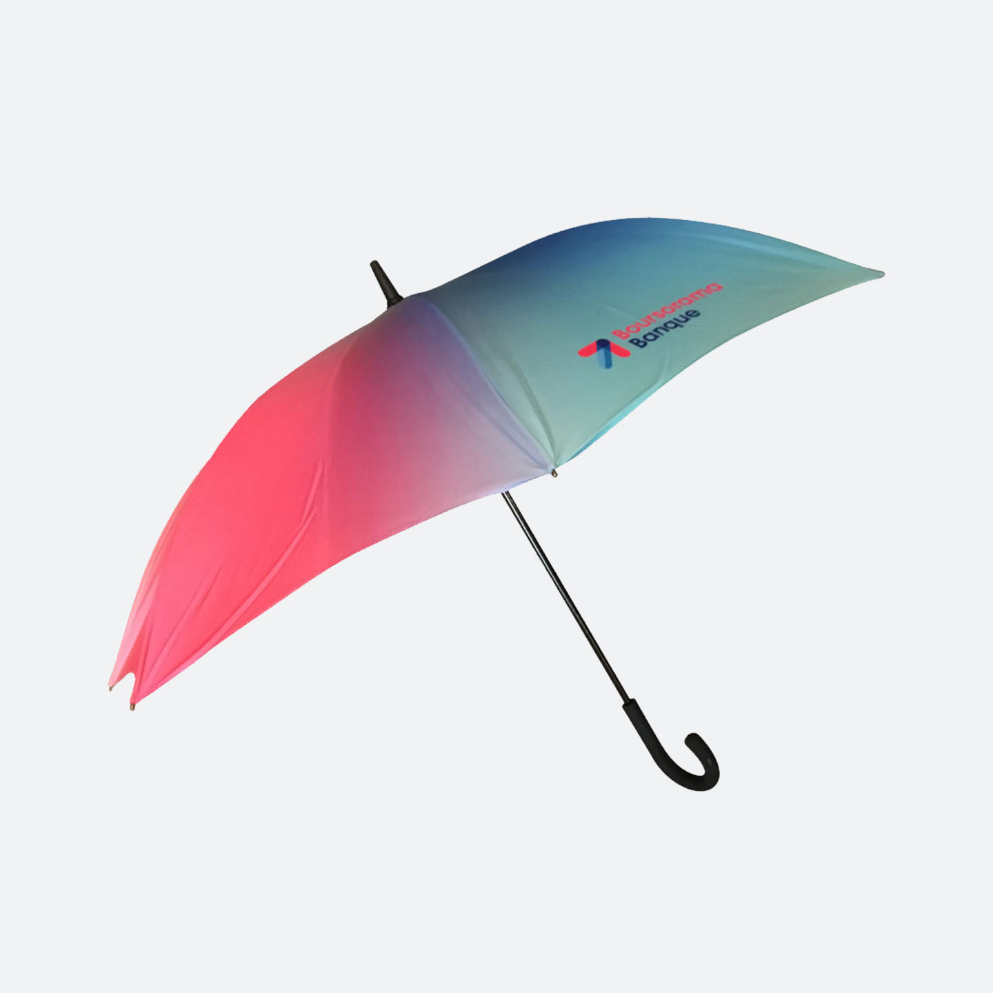 Side view of red to blue ombre pattern on umbrella