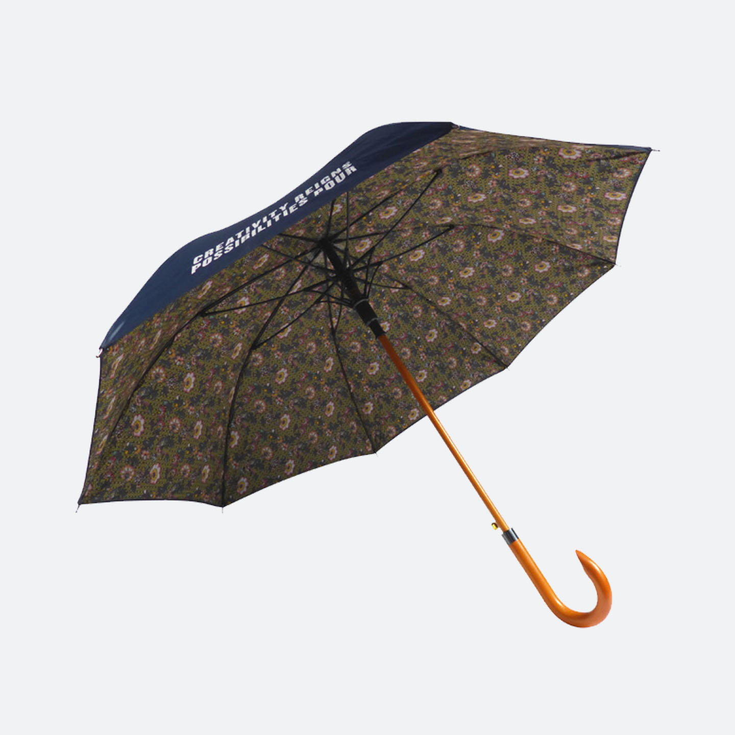 Navy outer canopy with khaki green floral print on inside umbrella