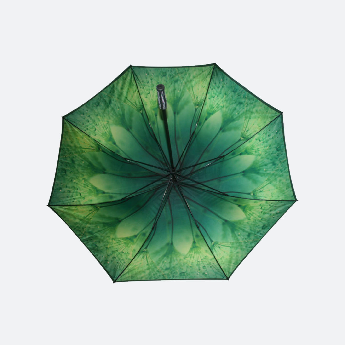 Inner view of green flower design on umbrella