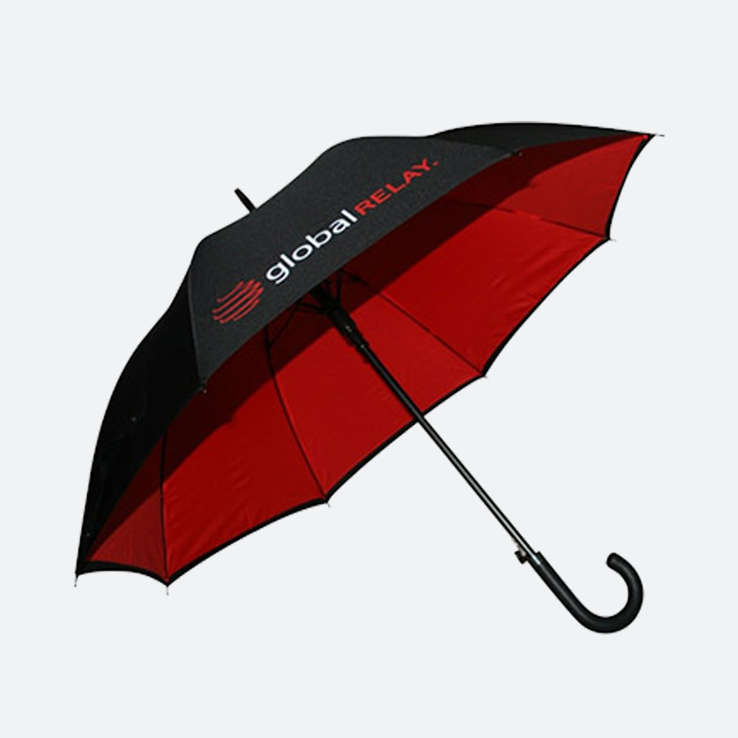 Side view of black adn red umbrella. Black outer canopy and bright red inside canopy