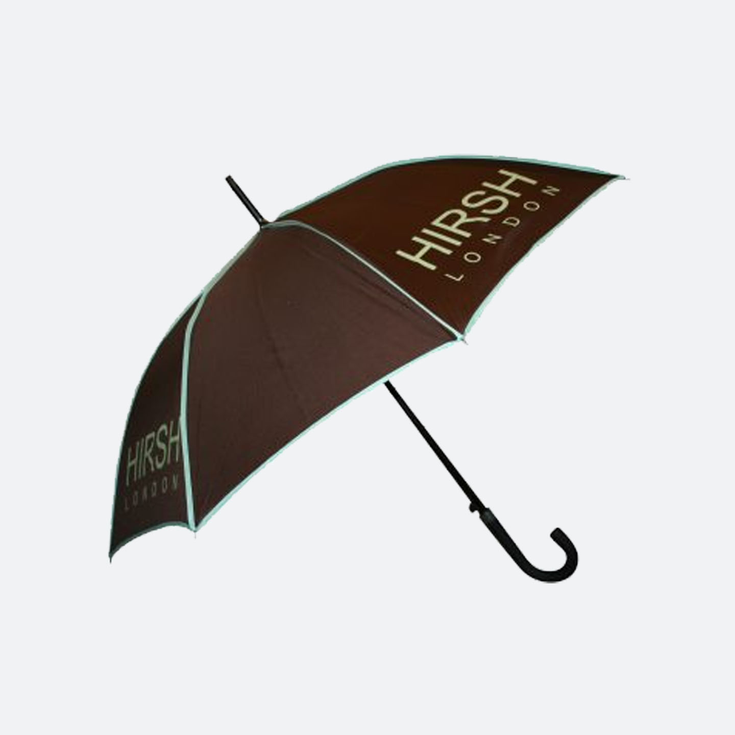 Side view of brown umbrella with green piping
