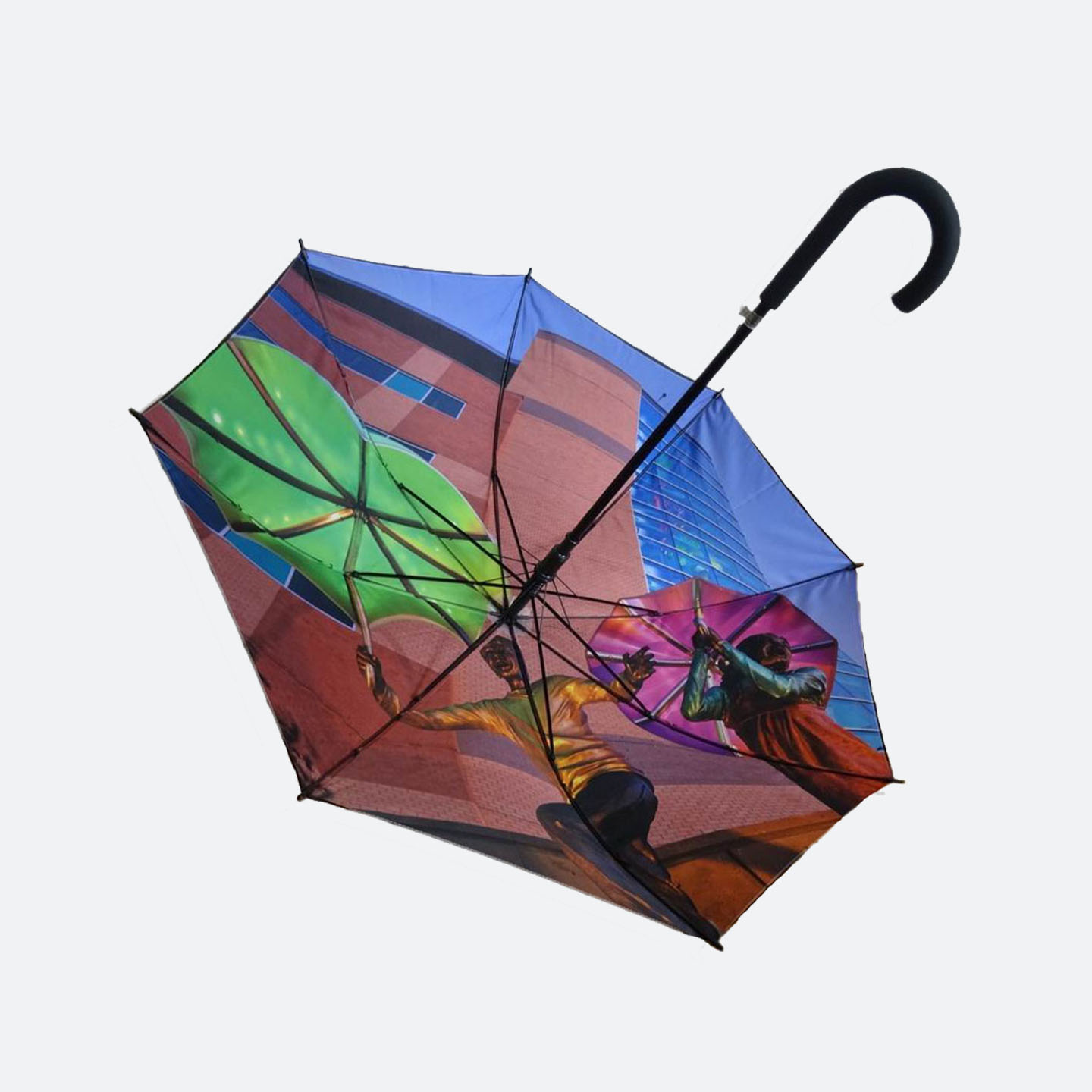 Inner view of colourful photo print on umbrella