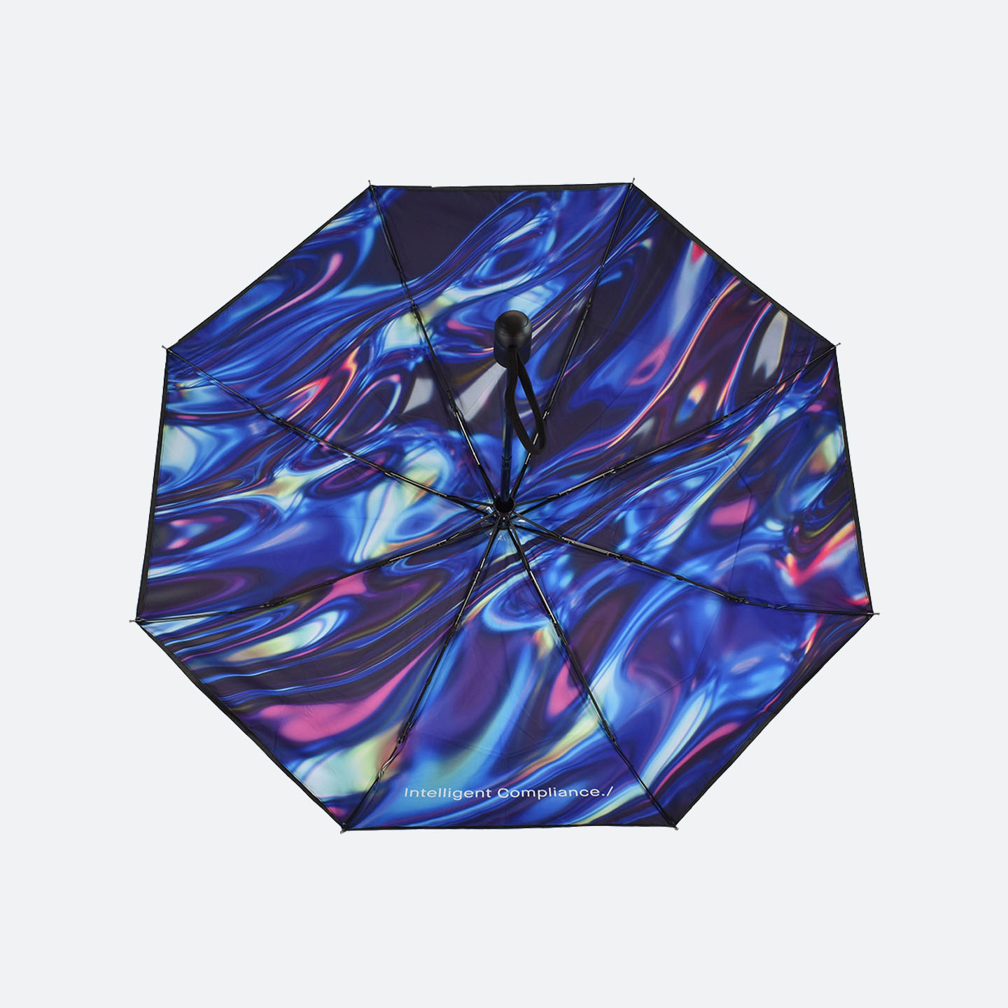 Inner view of blue and purple abstract pattern on umbrella