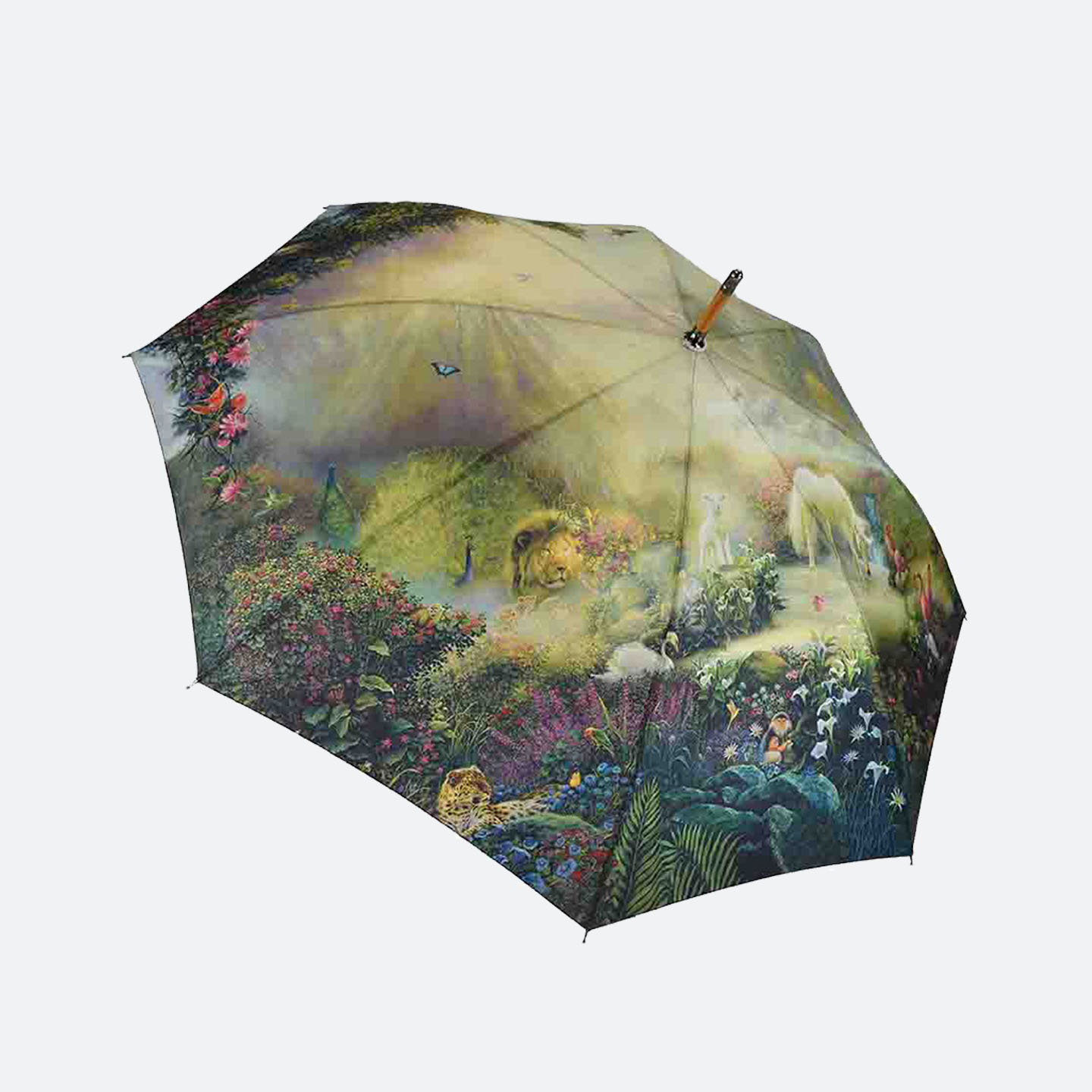 All over photographic print, fantasy garden with exotic animals on umbrella