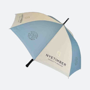 Alternate white and light blue panels with black logo umbrella