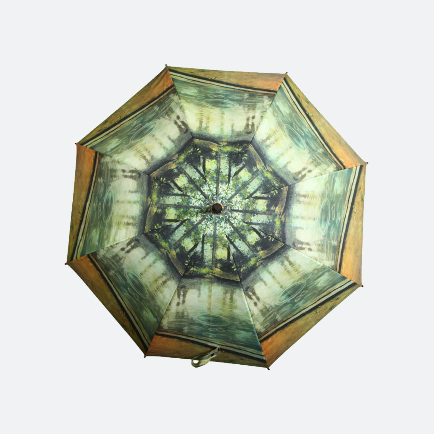 Green and yellow oil painting graphic on each panel umbrella