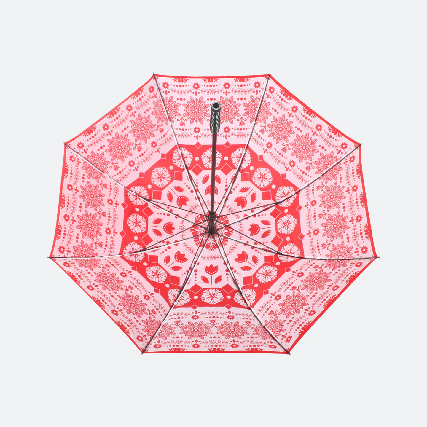 Red and white floral inside print on umbrella