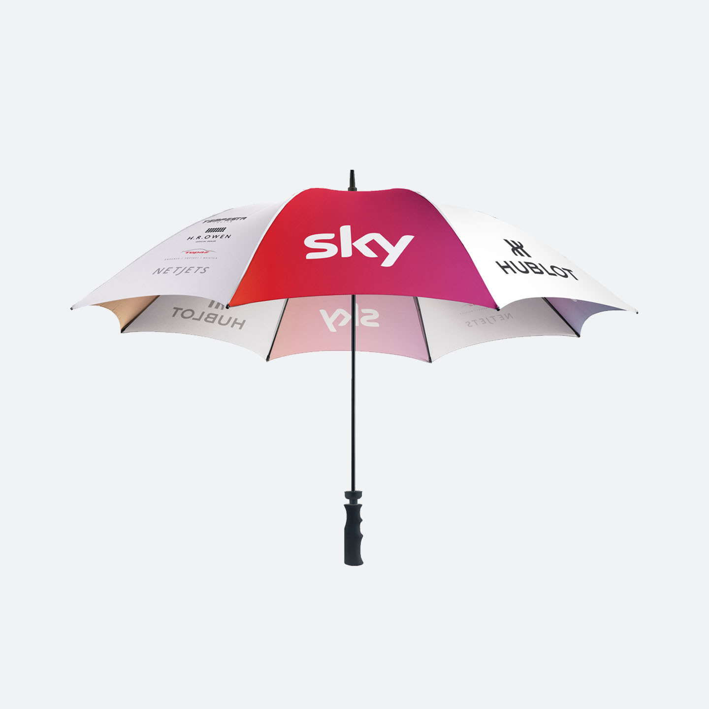 Alternating white and red panels with white sky logo on red panels umbrella