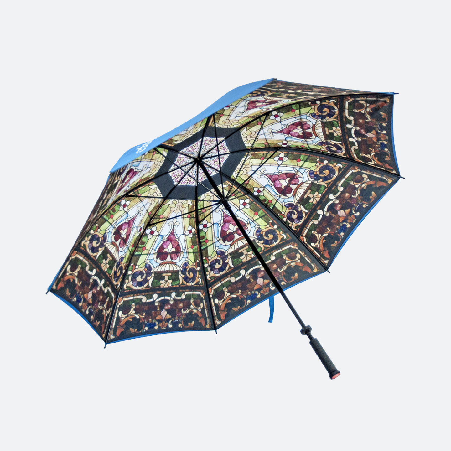Inner view of stained glass window print on umbrella