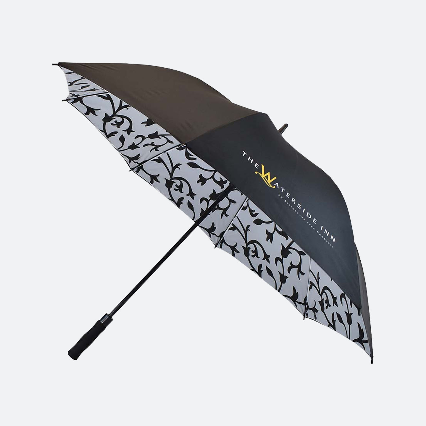 Black outer canopy with black and white floral pattern inner canopy