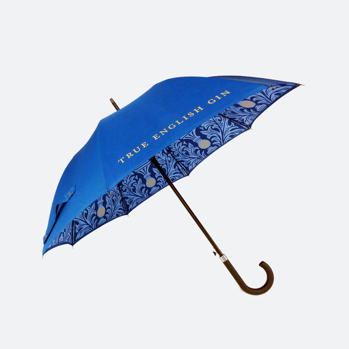 Royal blue umbrella with company graphics on inner canopy in shades of light and dark blue