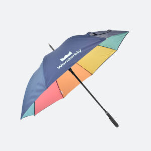 Navy blue outer canopy with inner canopy having multi-coloured panels on umbrella