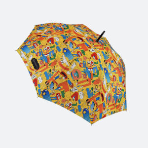 Bright coloured print all over panels of umbrella