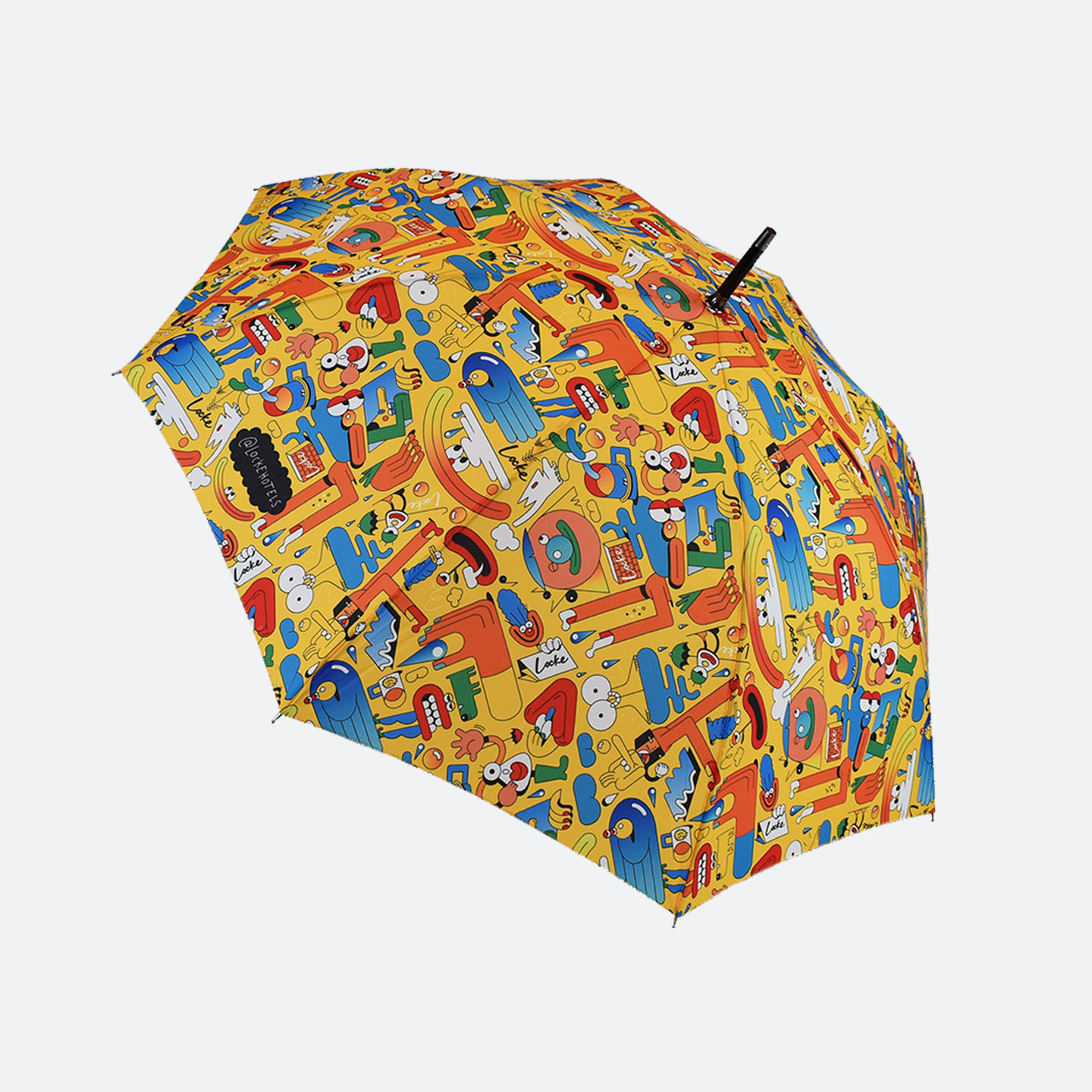 Bright coloured print all over panels of umbrella