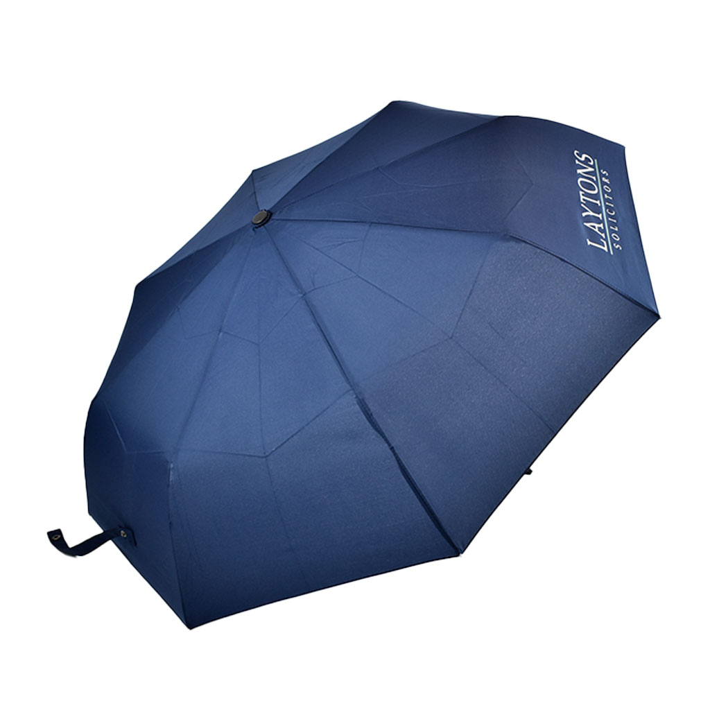 side view of open umbrella with laytons logo on one of the panels