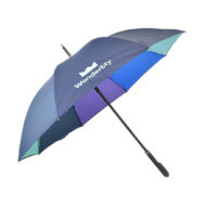 side view of umbrella with outside navy blue umbrella panels and inside of umbrella showing with purple blue and green umbrella panels