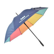 side view of open umbrella with rainbow panels on inside of umbrella showing with navy outside panels of umbrella